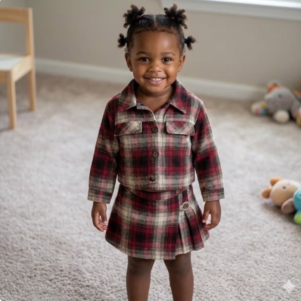 Zara Outfit Girls 3 Red Plaid Textured Overshirt and Buttoned Skort Set
